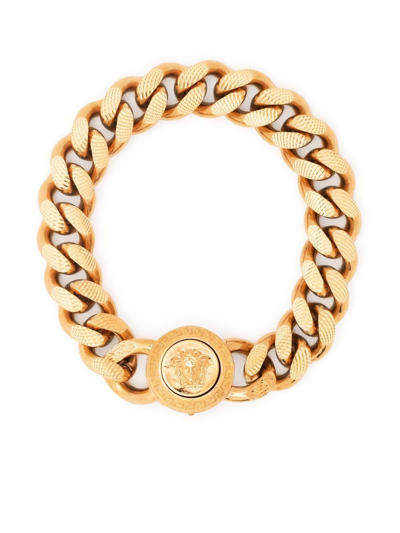 Versace Golden Metal Chain Bracelet With Logo In Yellow
