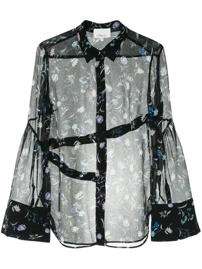 3.1 Phillip Lim / フィリップ リム Bell-sleeve Button-down Floral-print Silk Chiffon Blouse In Black