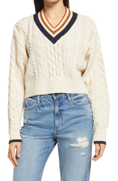 Topshop Knit Varsity Cable Sweater In Cream-white