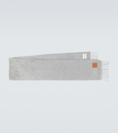 Loewe Logo-appliquéd Fringed Mohair-blend Scarf In Light Grey