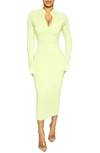 Naked Wardrobe Half Zip Long Sleeve Dress In Lime