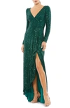 Ieena For Mac Duggal Long Sleeve Sequin Wrap Gown In Emerald Green