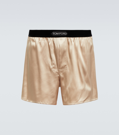Tom Ford Velvet-trimmed Stretch-silk Satin Boxer Shorts In Beige