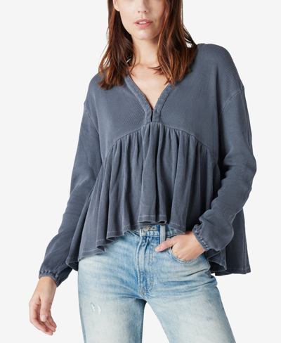 Lucky Brand Waffle Knit High-low Cotton Top In Ebony