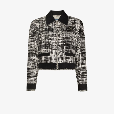 Prada Cropped Zip-up Tweed Jacket In Ivory/black