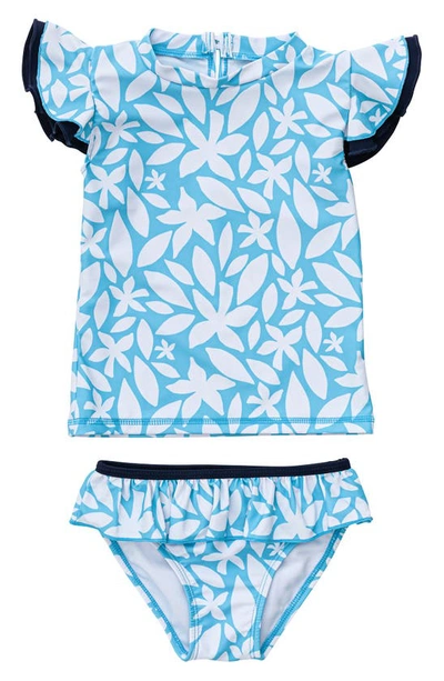 Snapper Rock Babies' Aqua Bloom Ruffle Two-piece Rashguard Swimsuit In Blue