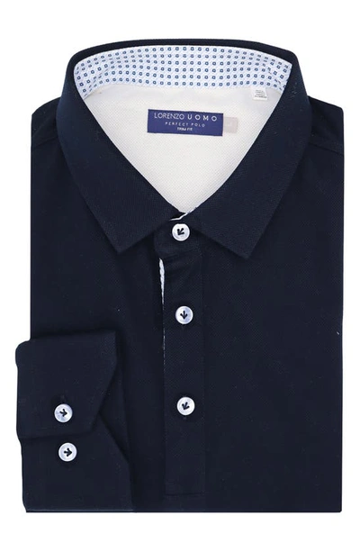 Lorenzo Uomo Trim Fit Long Sleeve Polo Shirt In Navy