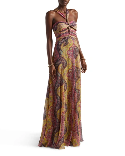 Etro Floral-print Twist-halter Silk Georgette Gown In Pink