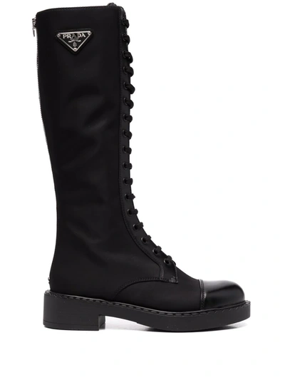 Prada Nylon Tall Lace-up Combat Boots In Black