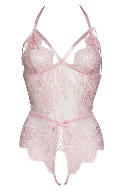 Coquette Open Gusset Lace Teddy In Pink