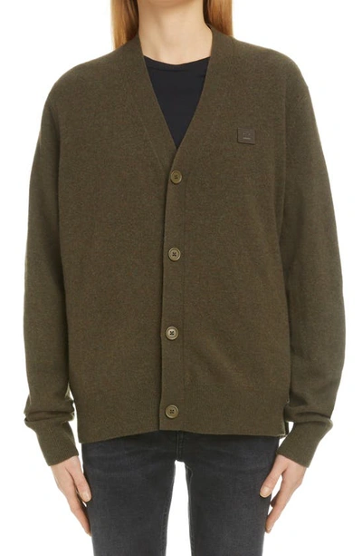 Acne Studios Keve Face Patch Wool Cardigan In Dark Khaki Melange