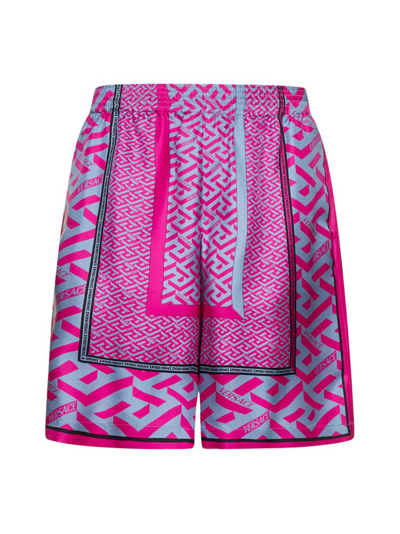 Versace La Greca Panelled-print Bermuda Shorts In Pink+blue