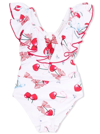 Monnalisa Kids' Cherry Printed Tech One Piece Swimsuit In White