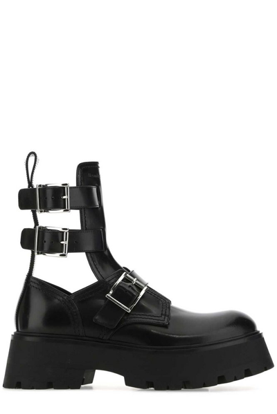 Alexander Mcqueen Cutout Buckled Leather Ankle Boots In Black