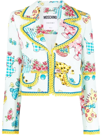 Moschino Calico Animals Printed Cropped Jacket In Blue