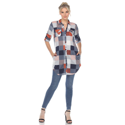 White Mark Plus Size Plaid Tunic Shirt In Blue And Burgundy