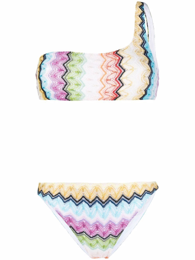 Missoni Zigzag Two-piece One-shoulder Swimsuit In Yellow,light Blue,green,pink