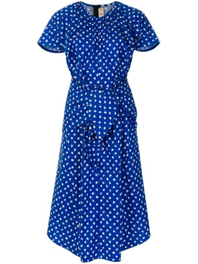 Marni Short-sleeve Dot-print Tie-waist Cotton Poplin Dress In Blue