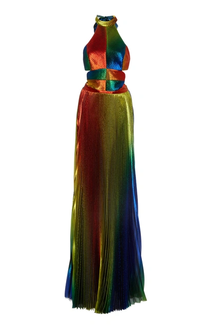 Rosie Assoulin Cutout Pleated Silk-blend Lamé Halterneck Gown In Rainbow