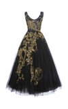 Marchesa Gold Embroidered Tulle Gown In Black