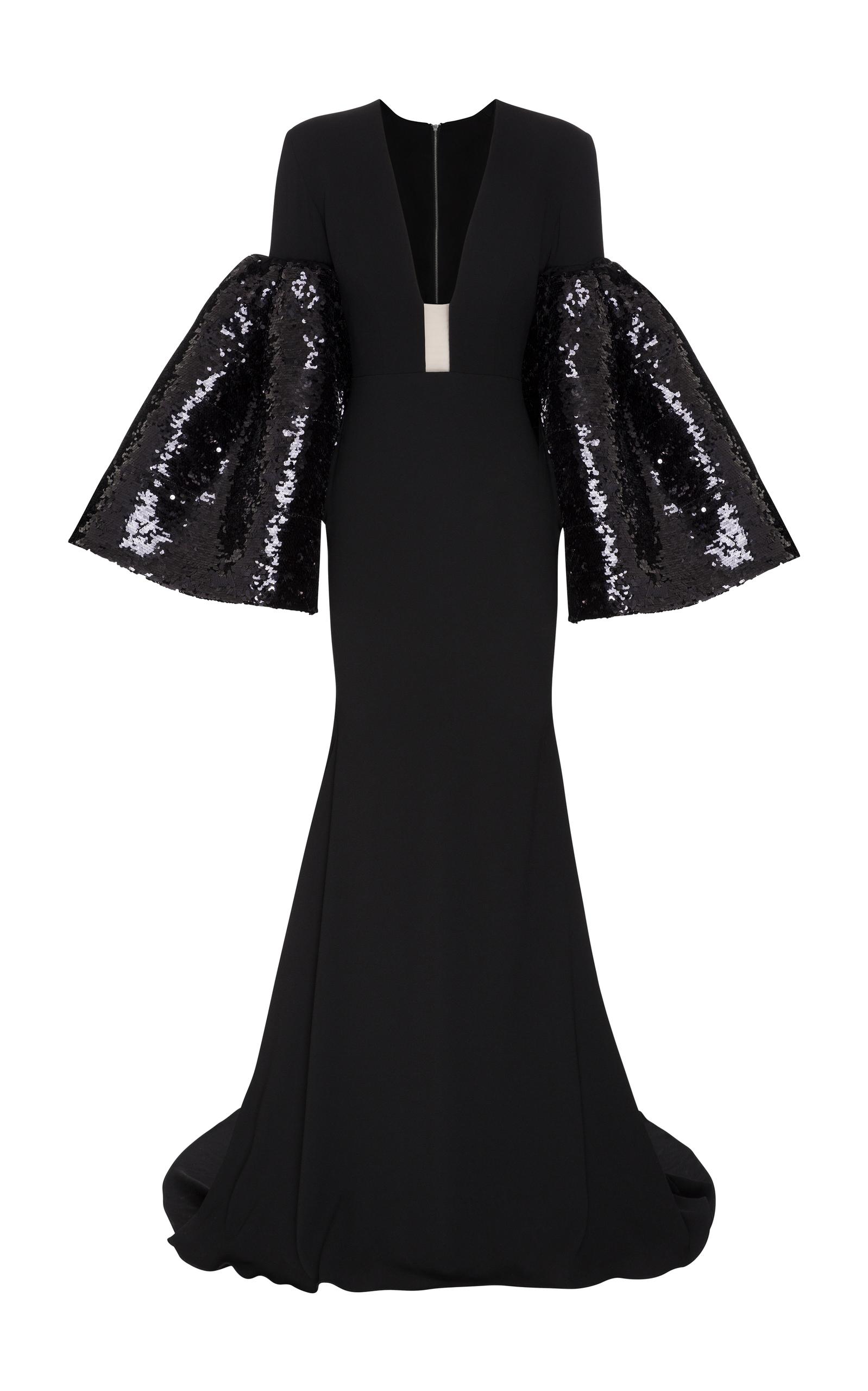 Alex Perry Veronica Satin Crepe Long Sleeve Sequin V Gown In Black ...