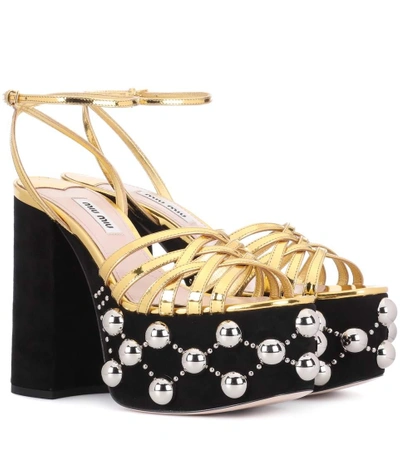 Miu Miu Embellished Leather Sandals In Gold