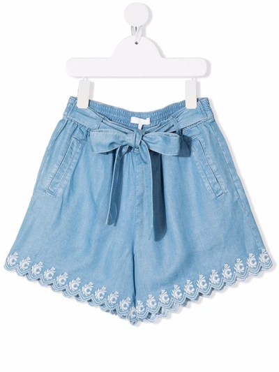 Chloé Kids Shorts In Light Blue Cotton Tenceul With Belt And C Embroidered On The Hem