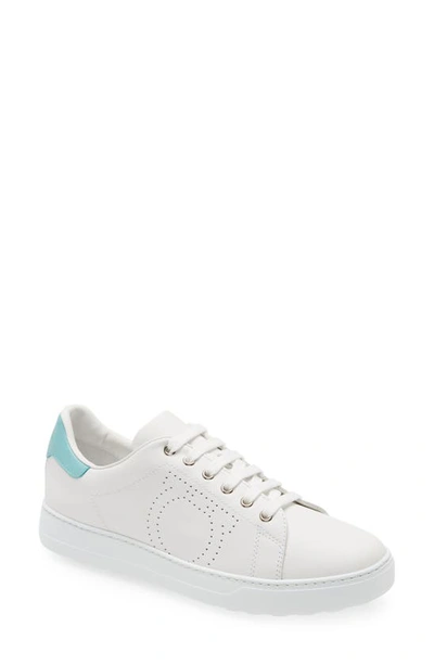 Ferragamo Pierre Leather Logo Sneakers In White Turquoise