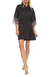 Flora Nikrooz Sydney Lace Trim Charmeuse Wrap Robe In Black