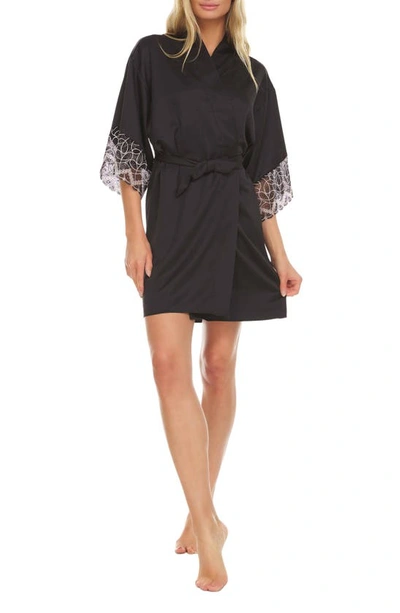 Flora Nikrooz Sydney Lace Trim Charmeuse Wrap Robe In Black