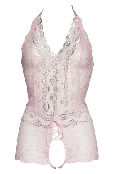 Coquette Open Gusset Lace Teddy In Pink