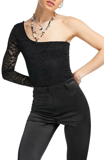 Topshop One-shoulder Lace Bodysuit In Black