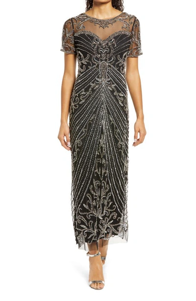 Pisarro Nights Illusion Beaded Mesh Column Gown In Black