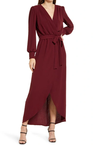 Fraiche By J Wrap Front Long Sleeve Dress In Burgundy