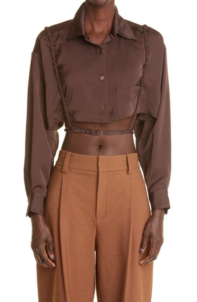 Jacquemus Cavaou Floral Jacquard Crop Suspenders Shirt In Brown