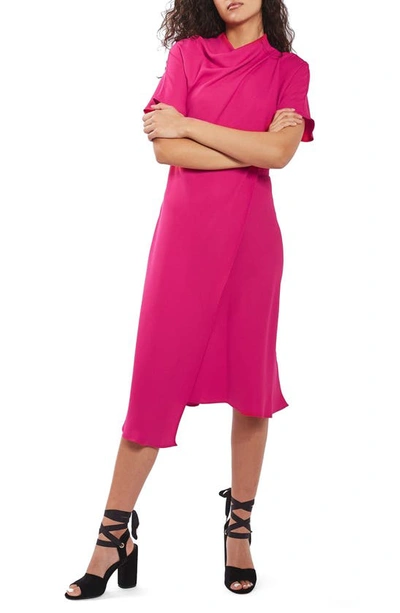Topshop Origami Drape Neck Midi Dress In Bright Pink