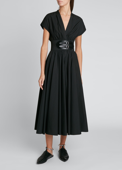 Alaïa Belted Cotton Poplin Midi Dress In Noir