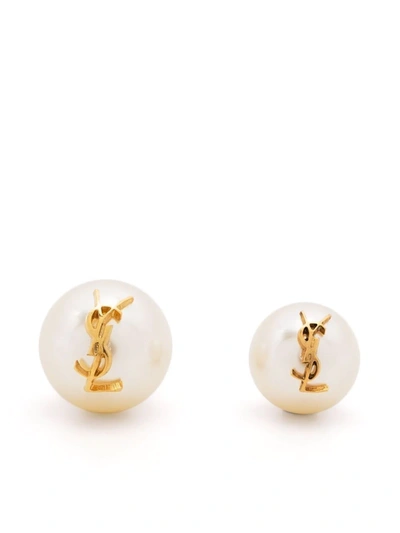 Saint Laurent Ysl Imitation Pearl Stud Earrings In White