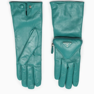 Prada Aquamarine Gloves With Applied Pocket In Green