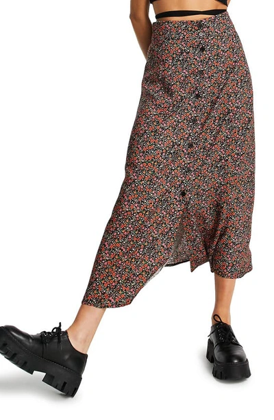 Topshop Floral Midi Skirt In Black Multi