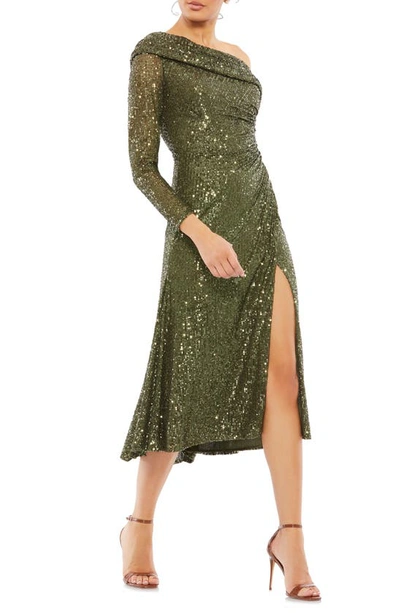 Mac Duggal Sequin One-shoulder Long Sleeve Midi Dress In Olive