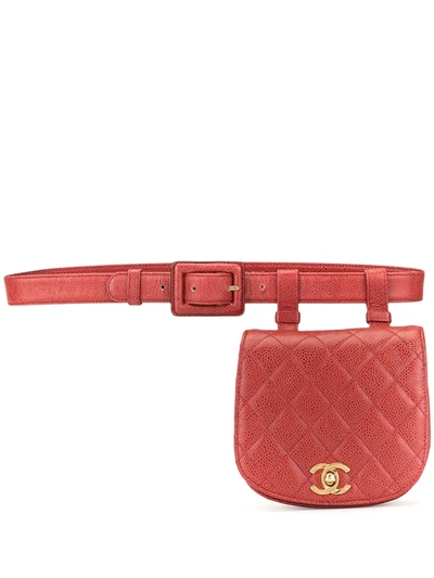 Pre-owned Chanel 1990 Diamond Quilted Cc Belt Bag In Red
