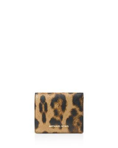 Michael Michael Kors Flap Leopard Print Leather Card Case In Leopard/gold