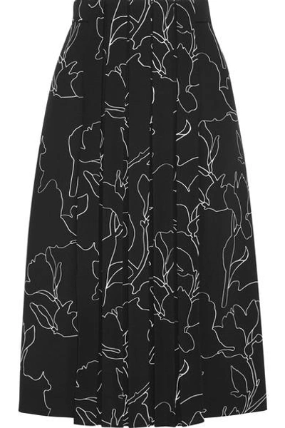 Carven Pleated Printed Crepe Midi Skirt In Black