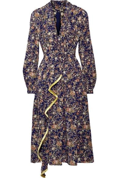 Adam Lippes Metallic Floral-print Silk-georgette Midi Dress In Navy Multi
