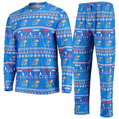 Concepts Sport Royal Kansas Jayhawks Ugly Sweater Long Sleeve T-shirt And Pants Sleep Set