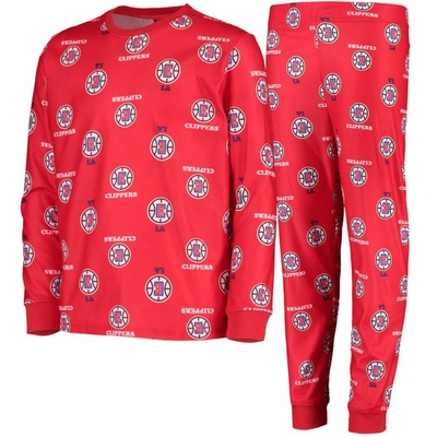 Outerstuff Kids' Youth Red La Clippers Allover Print Long Sleeve T-shirt And Pants Sleep Set
