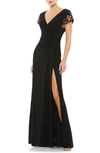 Mac Duggal Embellished Sleeve Jersey Wrap Gown In Black Multi