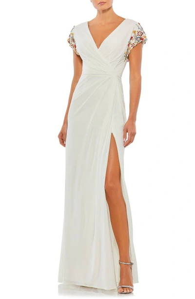 Mac Duggal Embellished Sleeve Jersey Wrap Gown In White Multi