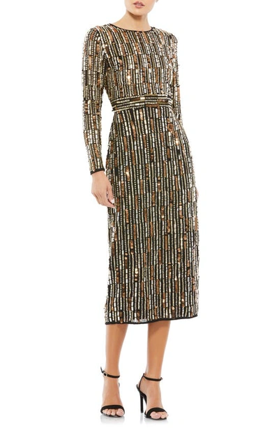 Mac Duggal Paillette Embellished Long Sleeve Midi Dress In Black Gold